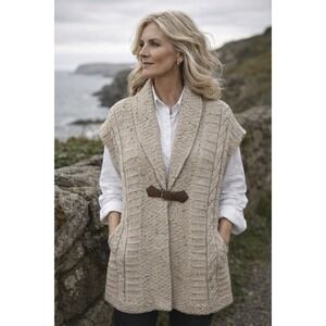 Glen Loch Cardigan Beige Womens XL Sleeveless Chunky Knit Wool Buckle Sweater